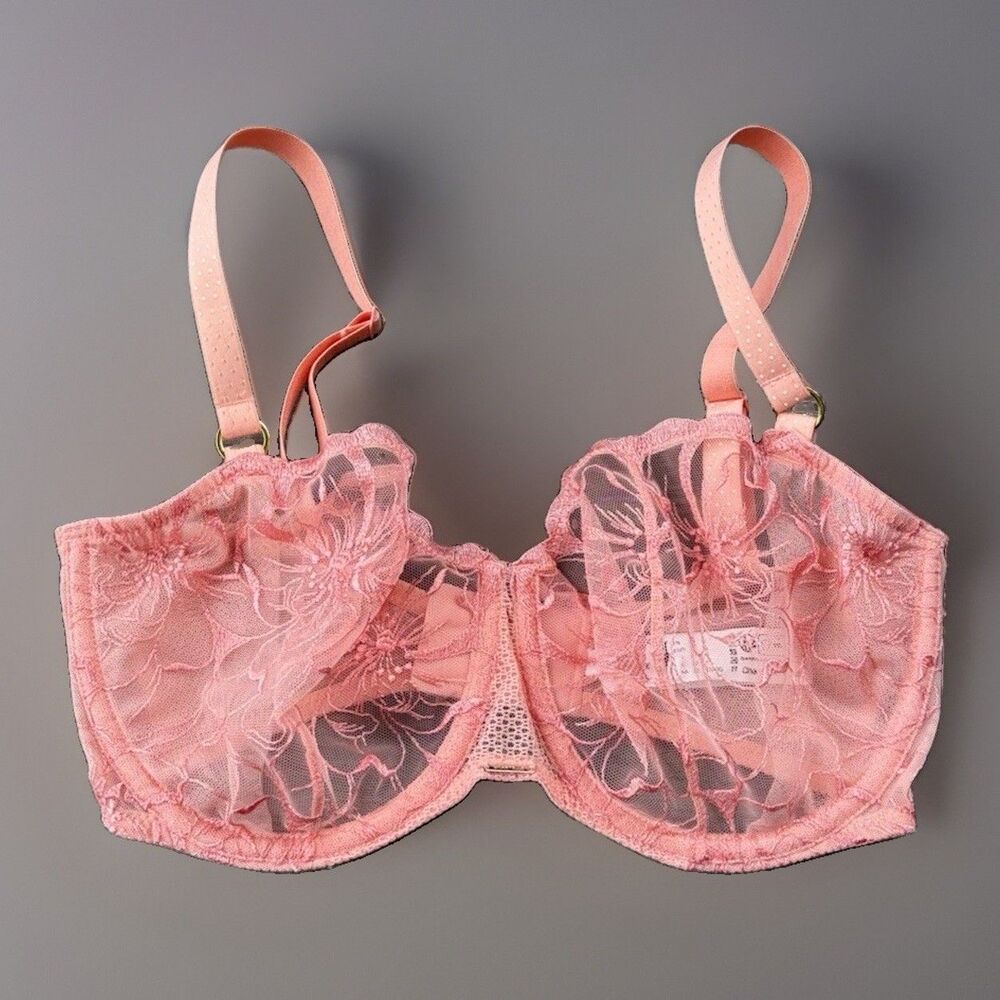 Chantelle Bra 32DDDD 32G Coral Pink Lace Unlined Underwire Demi Sheer Full Cup